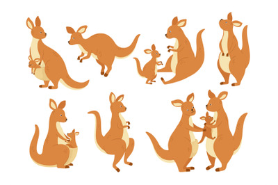 Cartoon kangaroo family. Mother wallaby with baby in bag, Australia ma