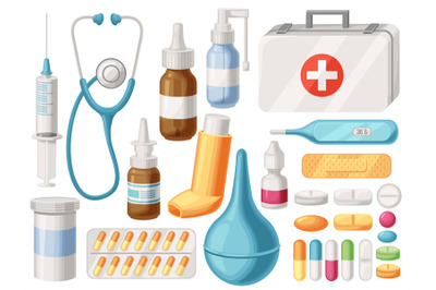 Cartoon medical supplies. First aid kit, inhaler, syringe and pharmacy