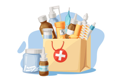 Medical supplies. Pharmacy purchases in paper bag, goods for treatment