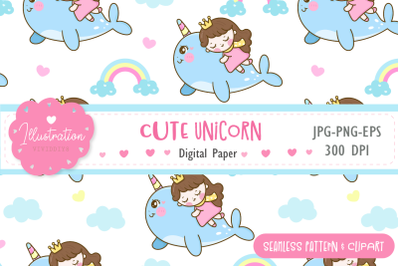 Cute Narwhal seamless digital papers and kawaii clipart
