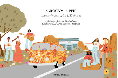 groovy hippie clipart, retro 70s hippy bus clip art, road trip vector