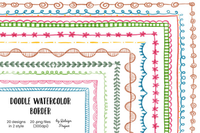 20 Doodle Watercolor Border, decorative elements