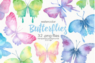 Watercolor Multicolored Butterfly Clipart - PNG Files