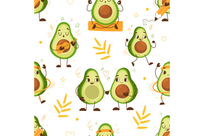 Cute avocado seamless pattern. Funny green vegetables, cartoon fruit c