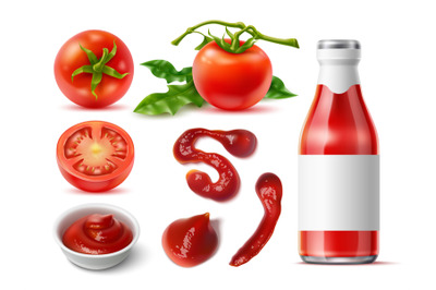 Realistic tomato products. Different 3d natural vegetables, sauce drop