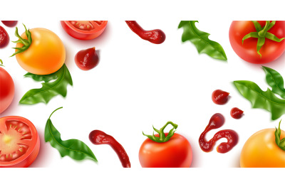 Realistic tomato background. Natural 3d vegetables on twigs and herbs&2C;