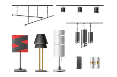 Realistic lamps. Different types floor, hanging and table lamps, loft