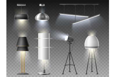 Realistic interior lamps. Different types room lights, chandeliers and