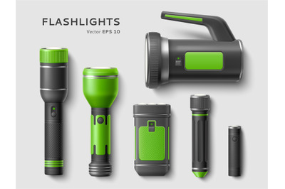 Realistic flashlights. Tourist hand lights with battery, different typ