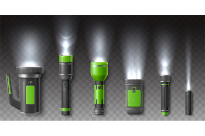 Flashlights with rays. Luminous realistic electric torches, flashing n