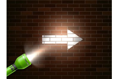 Realistic flashlight. Tourist pocket light illuminates brick wall part