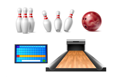 Realistic bowling elements. Challenge sport game equipment, standing a