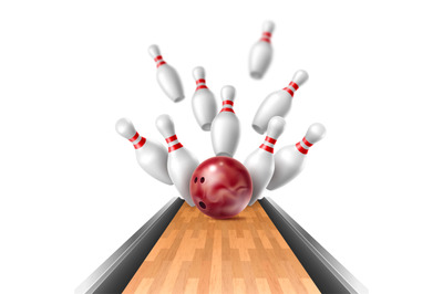 Realistic bowling strike. Hitting ball on pins moment, flying 3d isola