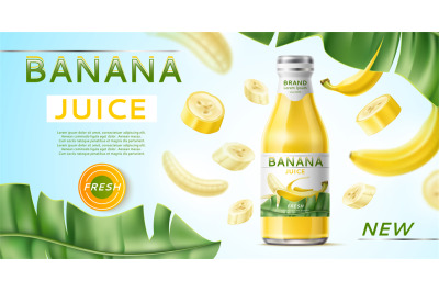 Realistic banana poster. Fruit juice advertising banner&2C; glass bottle