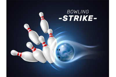 Realistic bowling strike ball. High speed trajectory, flying downed pi