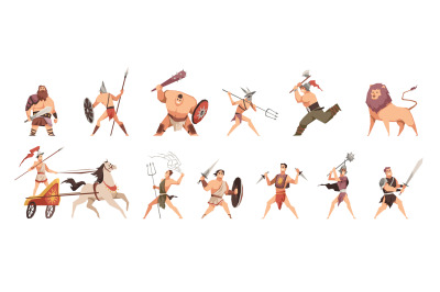 Ancient roman gladiators. Different weapons fighters, cartoon strong c