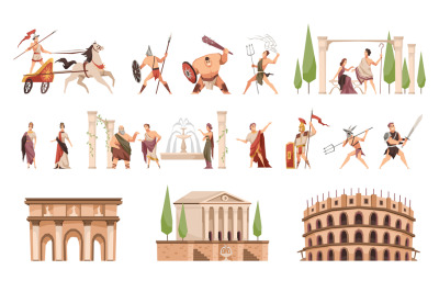 Ancient rome. Fighters with weapons and civilians, architectural monum