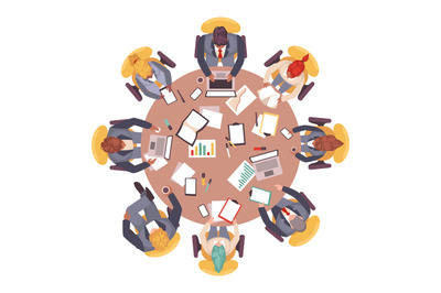 Business people top view. Corporate round table workspace, employees a