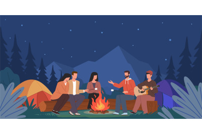 Cartoon friends campfire. Travelers characters night gatherings, natur