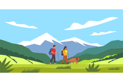 Cartoon people hike. Tourist couple and dog, summer mountains landscap