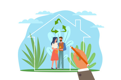 Ecological house. Happy family in green home, man and woman in smart g