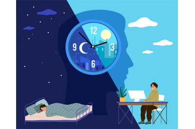 Human biological clock. Time for sleep and work, man in bed at night a