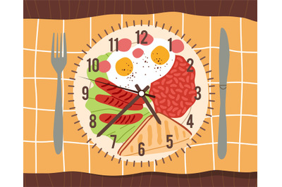 Meal time. Daily Nutrition balance, plate of food in form of clock top