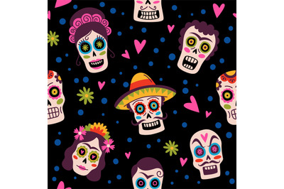 Pattern Mexico. Seamless background, traditional sugar skulls in sombr