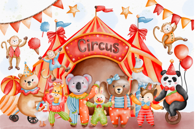 Watercolor Circus Clipart,Circus Animals