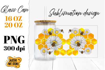 Chamomile, Honeycomb and Bees Glass Can Sublimation PNG