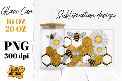Chamomile, Gold foil Honeycomb &amp; Bees Glass Can Sublimation