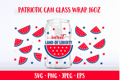 Patriotic Watermelon can glass wrap SVG. 4th of July glass can