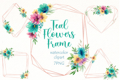 Flower Frame PNG Watercolor Clipart, Teal flowers wreath.