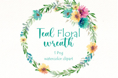 Watercolor Floral Wreath clipart, Teal flowers png files.