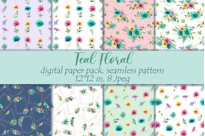 Teal Floral digital paper, Wedding flowers digital papers.