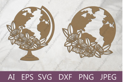 Globe with flowers svg paper cut, Planet earth svg, Map dxf