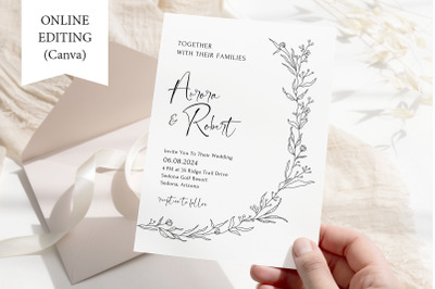 Modern Wedding Invitation Template Minimal Canva Boho Floral Card