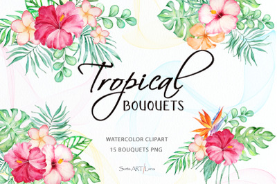 Watercolor Tropical Flower Bouquets Clipart