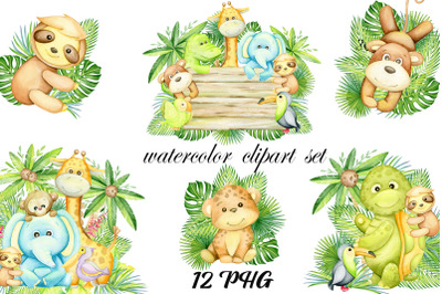 Jungle watercolor animal clipart, jungle nursery, jungle baby shower,