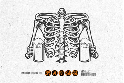 Rib bone with glass beer monochrome svg