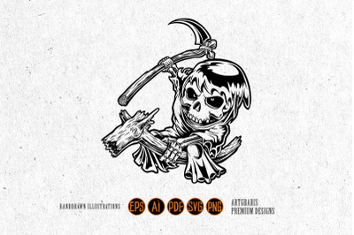 Grim reaper skull with wood scythe monochrome svg