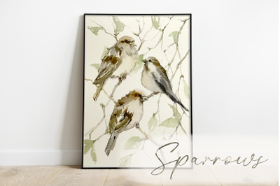Watercolor Sparrows Print, Clip arts, Stickers