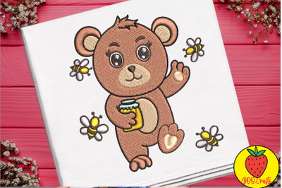 Cute Bear Holding Honey Embroidery