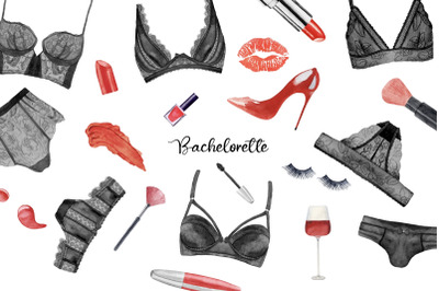 Watercolor lingerie clipart, black and red bachelorette set