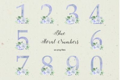 Watercolor floral number 0-9 blue digits with flowers