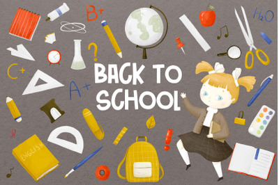 back to school collection, school supplies set, clipart png