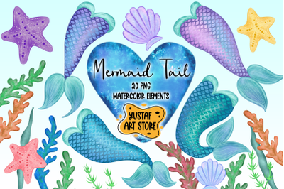 Mermaid Tail clipart. 20 watercolor illustration PNG