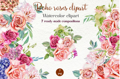 Watercolor boho roses clipart. Sublimation PNG