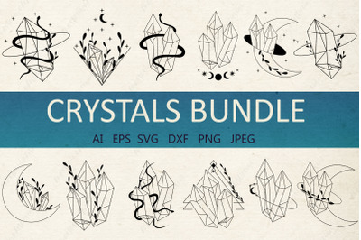 Crystals moon svg, Mystical svg bundle, Celestial snake
