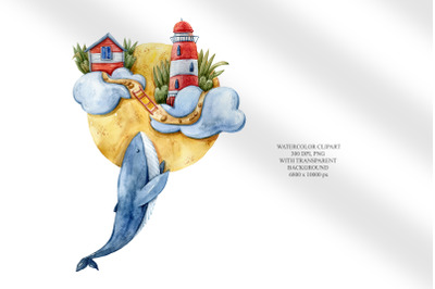 Cute watercolor whale clipart -1 png file for sublimation